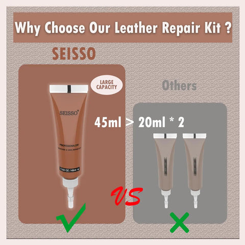 Comparison of large capacity 45ml SEISSO leather repair tube with two 20ml tubes for Vinyl And Leather Repair Kit For Furniture Sofa Jacket Couches Car Seats And Purses With Easy Step By Step Instructions To Match Any Color And Restore Any Material Bonded Pleather Genuine Leather.