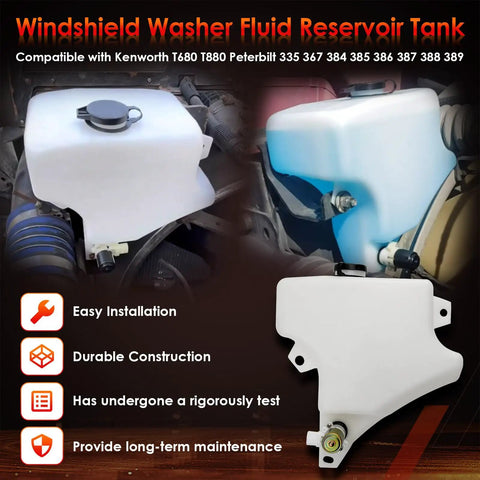 Heavy Duty Windshield Washer Fluid Reservoir Tank With Pump Replacement fits Kenworth T680 T880 Peterbilt trucks close-up view.