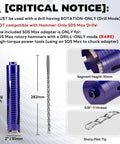 2 Inch Pro Dry Core Drill Bit Set With Pilot Bit And Three Adapters for SDS Plus SDS Max and One Half Hex, shown with measurements and sharp pilot tip.