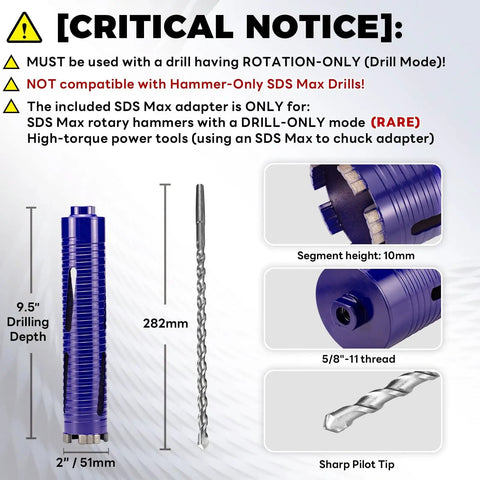 2 Inch Pro Dry Core Drill Bit Set With Pilot Bit And Three Adapters for SDS Plus SDS Max and One Half Hex, shown with measurements and sharp pilot tip.
