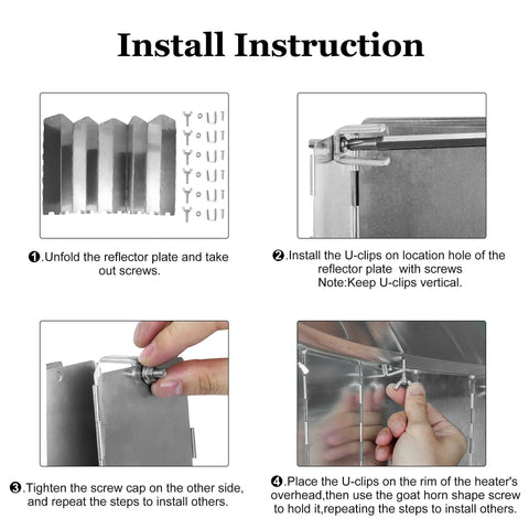 Installation steps for Heat Boost Patio Heater Reflector Shield Upgraded 12 Inch Height Directs Heat Exactly Where You Want No Wasted Heat Aluminum Ten Panel Shield For Round Natural Gas And Propane Heaters Rust Resistant High Temperature Ready showing reflector plate, U-clips, and screws.