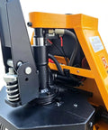 Close-up of Heavy Duty Electric Pallet Jack 3300 Lbs Capacity 45X27 Forks Lithium Battery Powered hydraulic components.