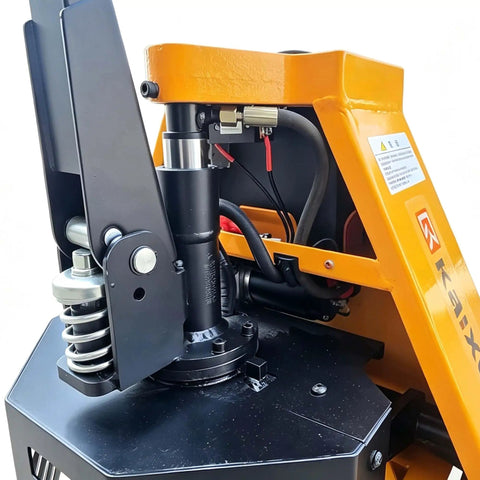 Close-up of Heavy Duty Electric Pallet Jack 3300 Lbs Capacity 45X27 Forks Lithium Battery Powered hydraulic components.