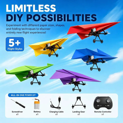 Electric Remote Control Paper Airplane Kit With Gyro Stabilizer And Dual Propellers For Real Outdoor Fun, Nostalgia Meets Modern Engineering In 2026 Edition, Includes One Battery, showcasing different color styles and included accessories like screwdriver and remote controller.
