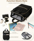 Puffer Backpack On Wheels For Women With Dual Opening Wheeled Laptop Travel Bag showing main compartment and accessories.