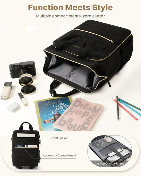 Puffer Backpack On Wheels For Women With Dual Opening Wheeled Laptop Travel Bag showing main compartment and accessories.