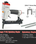 Heavy Duty Pneumatic Upholstery Stapler With 2 Inch Long Nose For Tight Corners 22 Gauge 1/4 To 5/8 Inch Staples 3/8 Inch Crown