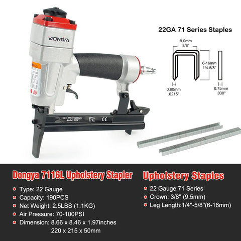 Heavy Duty Pneumatic Upholstery Stapler With 2 Inch Long Nose For Tight Corners 22 Gauge 1/4 To 5/8 Inch Staples 3/8 Inch Crown