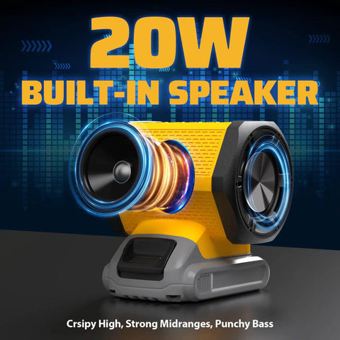 Bluetooth Speaker That Works With DeWALT 20V Max Battery For Jobsite Camping And Festival Gear, Power Up With Your Own Battery From 20V To 60V FlexVolt, Delivers Rich Outdoor Stereo Sound With Low Voltage Protection, Battery Not Included, showing 20W built-in speaker.