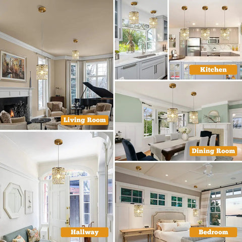Gold chandelier hanging in living room, kitchen, dining room, hallway, and bedroom. Crystal Pendant Light Kit For Kitchen Island With Height Adjustable Gold Chandelier Hanging Ceiling Fixture E26 Bulb Compatible Two Pack Dope Modern Lighting With Luxe Vibe For Hallway Dining Room Bedroom And Living Room displayed in various settings highlighting versatility.