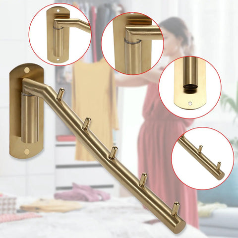 Heavy Duty Wall Mount Clothes Hanger Rack With Swing Arm 5 Gold Hooks Sturdy Coat And Robe Organizer For Laundry Room Detail