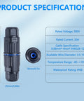 Product specification of IP68 Waterproof Electrical Cable Connectors Kit For Outdoors with size and rated voltage details
