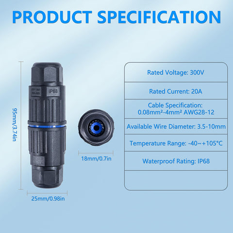 Product specification of IP68 Waterproof Electrical Cable Connectors Kit For Outdoors with size and rated voltage details