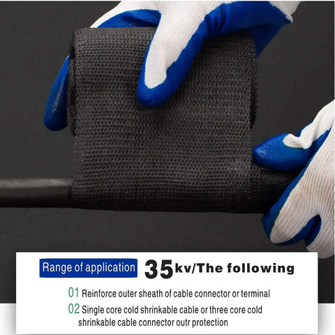 Close-up of hands applying Fiberglass Repair Tape Kit For Quick Curing DIY Fix It Jobs On PVC Pipes Wood Handles Exhausts Dock Posts And More Heavy Duty Winding Tape 181 In Long By 4.02 In Wide 0.02 In Thick Black on a pipe.