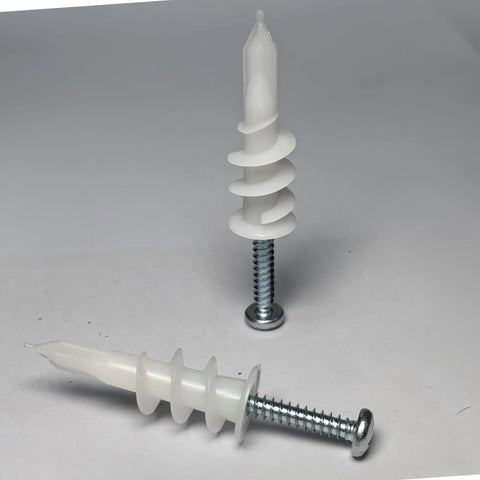 Heavy Duty Self Drilling Drywall Anchors With Screws For No Sweat Quick Snap Installation Into Hollow Walls Pack Of Four, featuring white plastic anchor and metal screw.