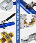 Portable Hydraulic AC Hose Crimper Kit With Snap-On Dies showing tool features and die sizes for air conditioning hose repair.