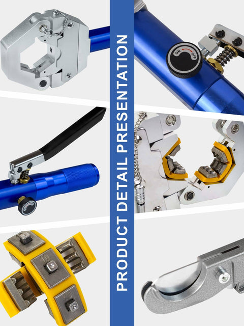 Portable Hydraulic AC Hose Crimper Kit With Snap-On Dies showing tool features and die sizes for air conditioning hose repair.