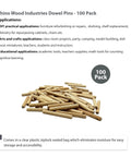 Heavy Duty 1/4 Inch By 2 Inch Kiln Dried Birch Wood Dowel Pins 100 Pack displayed in ziplock bag for storage.
