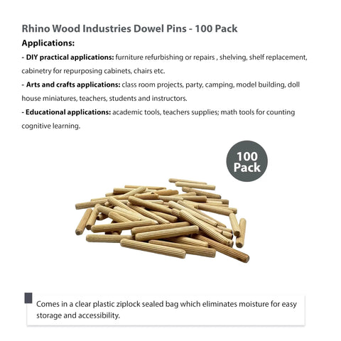 Heavy Duty 1/4 Inch By 2 Inch Kiln Dried Birch Wood Dowel Pins 100 Pack displayed in ziplock bag for storage.