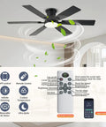 Low Profile 52 Inch Ceiling Fan With Light And Remote App Control, Dimmable LED, 3CCT, DC Reversible Motor, shown in black flush mount.