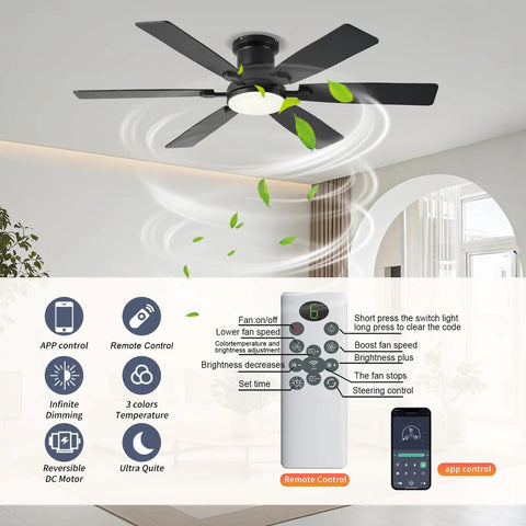 Low Profile 52 Inch Ceiling Fan With Light And Remote App Control, Dimmable LED, 3CCT, DC Reversible Motor, shown in black flush mount.