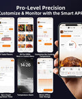 Smart Wireless Meat Thermometer With Four Probes And IP67 Waterproof Design, Dual Sensors Per Probe For Accurate Readings, WiFi Unlimited Range With Real Time Monitoring, Bluetooth Up To 300 Ft For Cookin, BBQ, Grillin, Oven, Smoker app screens