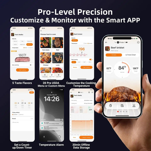 Smart Wireless Meat Thermometer With Four Probes And IP67 Waterproof Design, Dual Sensors Per Probe For Accurate Readings, WiFi Unlimited Range With Real Time Monitoring, Bluetooth Up To 300 Ft For Cookin, BBQ, Grillin, Oven, Smoker app screens