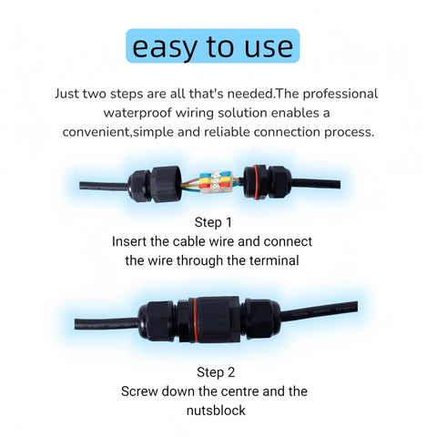 Illustration showing connection steps for IP68 Waterproof Outdoor Junction Box Kit With 2 Pin And 3 Pin Cable Connectors.