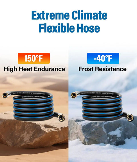 12 Ft Lead In Garden Hose With Five Eighth Inch Aluminum Female To Female Fittings shown in extreme heat and cold, flexible design