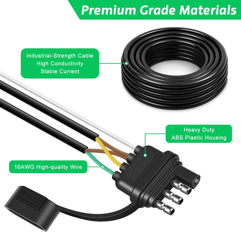 35Ft 4 Pin 5 Wire Trailer Wiring Harness with Jacketed 16AWG Cable Waterproof 4 Way Flat Plug Close-up View