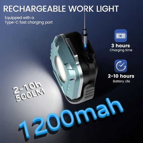 Magnetic Rechargeable Work Light 500 Lumens LED Flood Light Ultra Portable Mini Lamp With 150 Degree Rotating Head 1200 mAh Battery