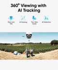 360° viewing features of 4G LTE Solar Security Camera With Pan Tilt, 4K Cellular Outdoor Wireless Security, AI Tracking displayed.