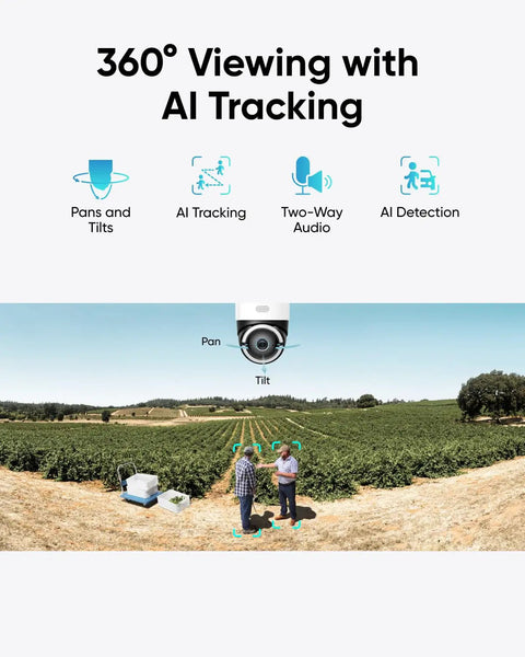 360° viewing features of 4G LTE Solar Security Camera With Pan Tilt, 4K Cellular Outdoor Wireless Security, AI Tracking displayed.