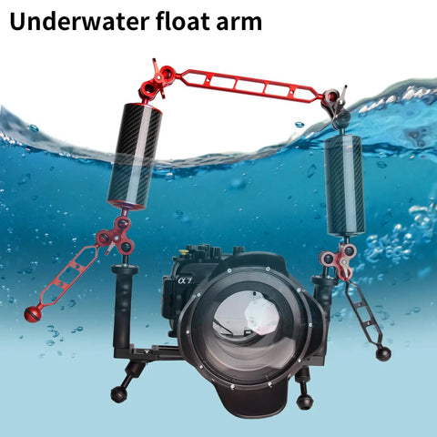 Red 10-Inch Carbon Fiber Underwater Float Arm 2-Pack Ultralight Buoyancy System attached to diving camera tray submerged in water