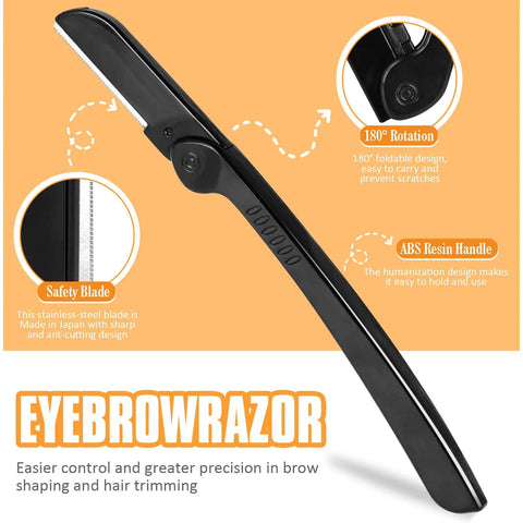 Stainless steel eyebrow razor from 9 Piece Stainless Steel Eyebrow Tweezers Kit With Leather Travel Case, featuring foldable design and safety blade