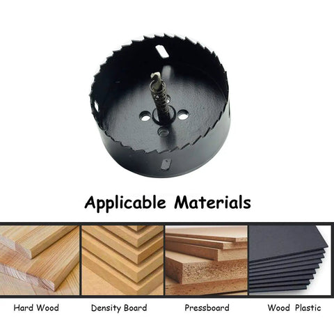 Pro Grade Heavy Duty Bi Metal Hole Saw Drill Sharp Cutter Rock Hard Edge Zero Binding Design Straight Shooting Performance For Wood And Plastic 3.5 Inch Tool, close-up view of hole saw with applicable materials.