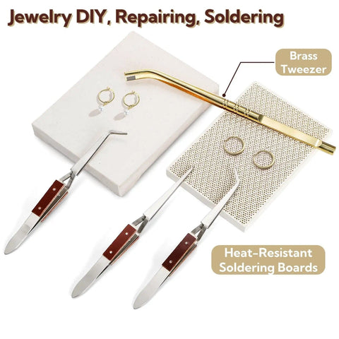 Six Piece Jewelry Soldering Kit with Ceramic Honeycomb Boards Copper Tong Solder Plate and Three Lock Tweezers Pro Grade