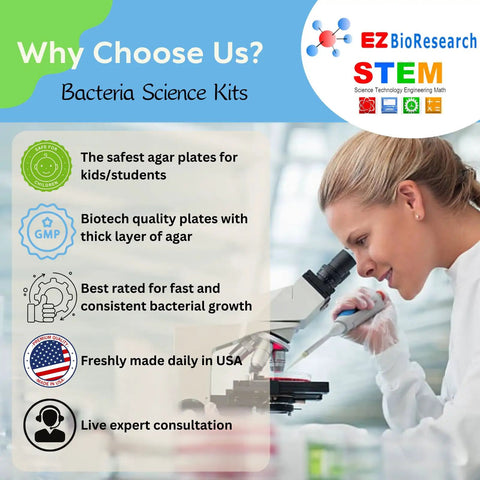 Science Fair Ready Bacteria Kit With Pre Poured LB Agar Plates And Cotton Swabs Includes Free E Book Of Award Winning Experiments promotional graphic with woman using microscope.