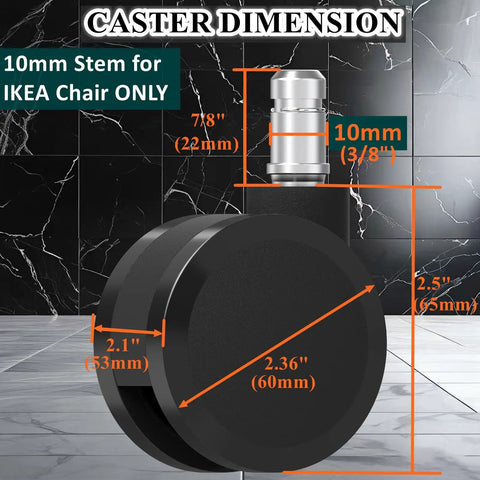 Caster dimensions showing 10mm stem and 22mm shaft for IKEA chairs, perfect addition to Silky Smooth Office Chair Casters.