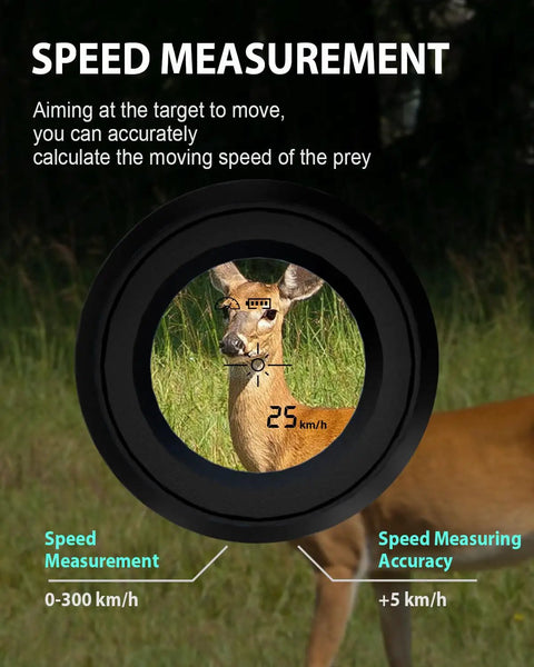 Golf Rangefinder With Slope, Flag-Lock, Vibration And Continuous Scan display showing deer speed measurement in 0-300 km/h range