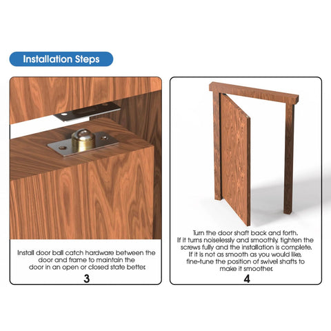 Installation steps for Beefed Up Heavy Duty Pivot Hinge Kit For Hidden Doors And Bookcase Doors showing door position adjustment.