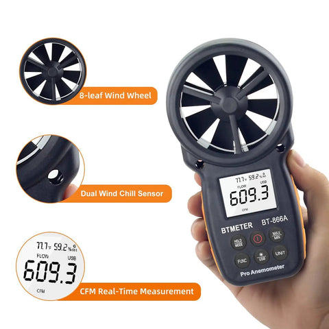 Pro Handheld HVAC Anemometer And CFM Flow Meter With Wet Bulb Temp Wind Speed Temperature Humidity Dew Point And Max Min Readouts For Smooth Boss Level HVAC Balancing And Quick Computer Sync, 8-leaf wind wheel