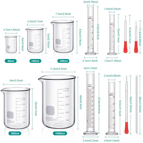 Thick Wall Beaker And Graduated Cylinder Set For Science Lab Includes 5 Beakers 4 Measuring Cylinders 3 Droppers 4 Stirring Rods
