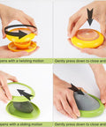 Set Of Four Reusable Fruit And Veggie Savers For Keeping Avocados Tomatoes Apples Garlic And Onions Fresh Longer In The Fridge Space Saving Design Makes Kitchen Organization Easy shown in use