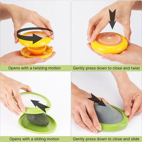 Set Of Four Reusable Fruit And Veggie Savers For Keeping Avocados Tomatoes Apples Garlic And Onions Fresh Longer In The Fridge Space Saving Design Makes Kitchen Organization Easy shown in use
