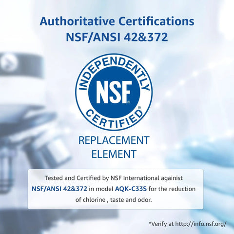 NSF certification for Opal Nugget Ice Maker Filter 4 Pack Replacement, NSF 42 and 372 certified, shown with NSF logo.