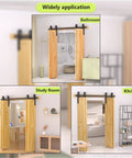 52 Inch Bifold Barn Door Hardware Kit For 4 Bifold Doors Black Finish installed in bathroom, study, and kitchen settings.