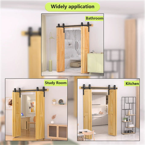52 Inch Bifold Barn Door Hardware Kit For 4 Bifold Doors Black Finish installed in bathroom, study, and kitchen settings.