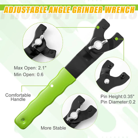 Adjustable angle grinder wrench with green handle and metal jaws for secure grip. Part of the Angle Grinder Extension Shaft Kit With Flange Nuts And Wrench.