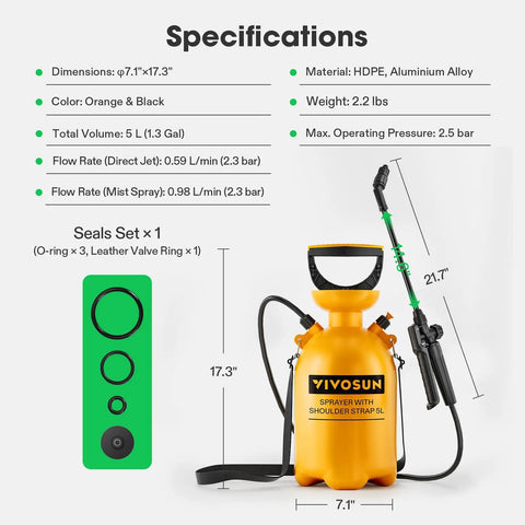 1.35 Gallon Pump Pressure Sprayer With Adjustable Shoulder Strap And Nozzle Safe Valve Rugged HDPE Build For Watering Fertilizing Cleaning And Garden Care Tough As Nails Additional Seals shown with specifications details